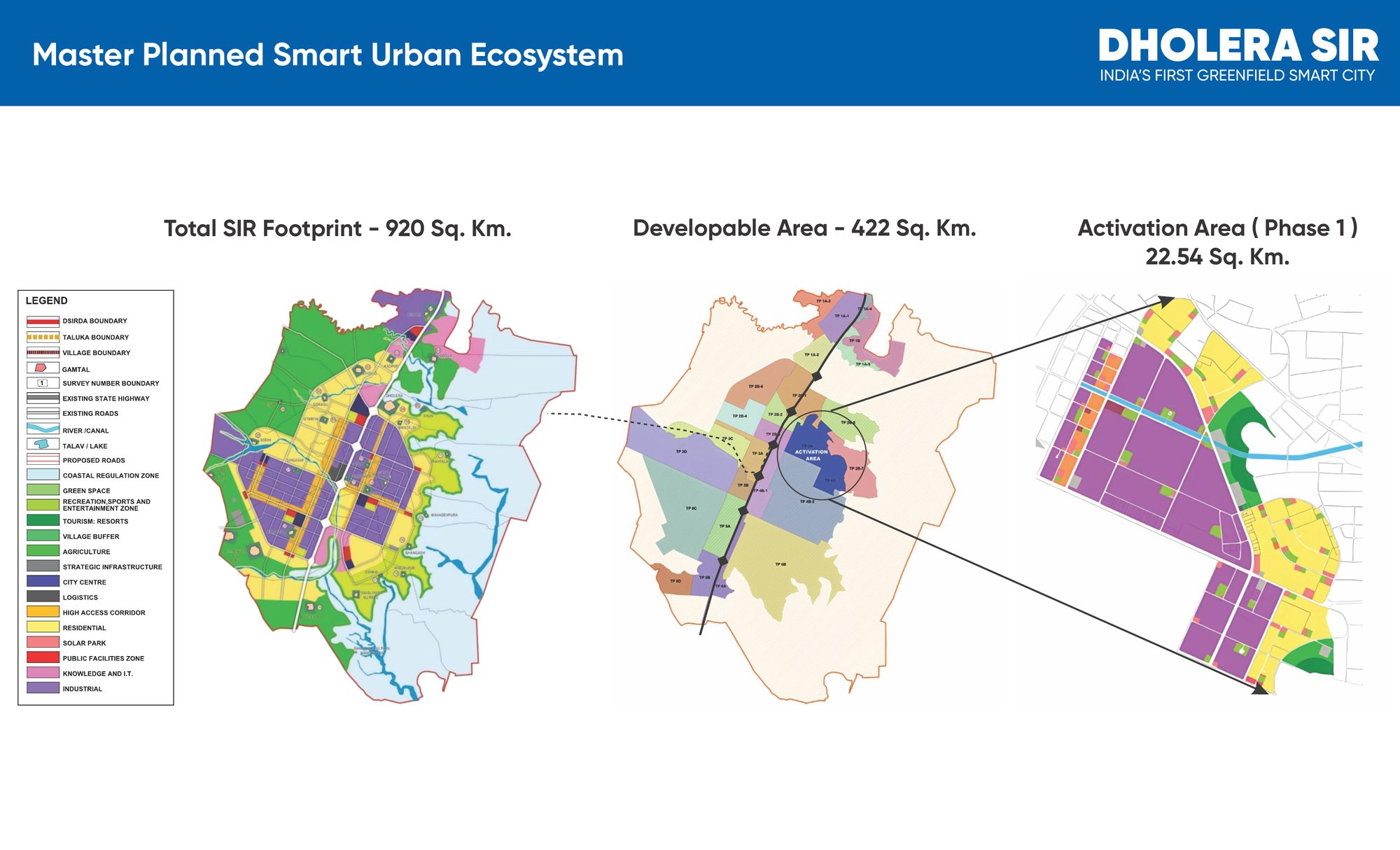 Dholera SIR master plan: 920 sq. km. footprint, 422 sq. km. developable area, and the 22.54 sq. km. Activation Area.